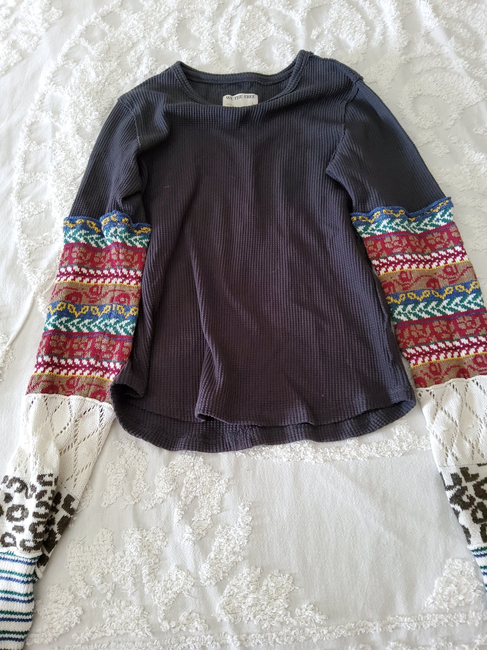 We The Free Navy Waffle Knit Top with Colorful Fair Isle Sleeves